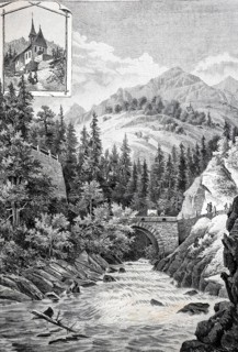 Bridge over the Anterior Rhine near Disentis in 1890, Graubünden, Switzerland, Historic, authentic,