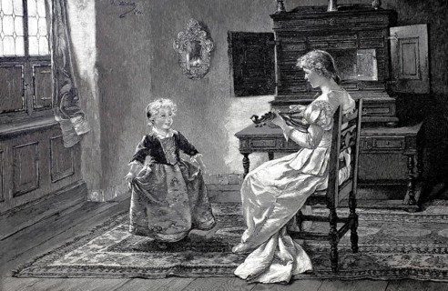 The little sister's first dance lesson, Young woman playing a mandolin, girl practising her first