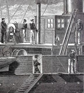 Scene on a ship, sailors ready to sound, plumb, measure sea depth, 1880, Historical, authentic,