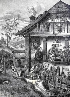 Easter in the forester's house, family idyll, parents and children, child looking for Easter eggs,