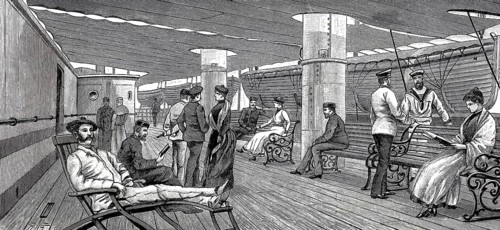 Pictures of a luxurious ocean fast steamer around 1890, promenade deck, ship Columbia of the