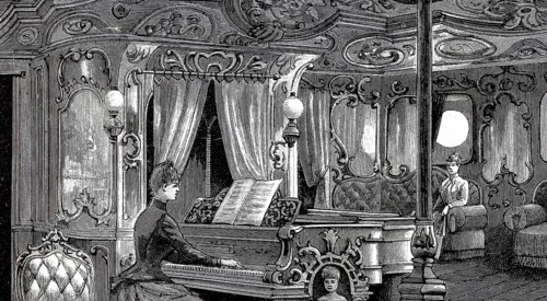 Pictures of a luxurious ocean fast steamer around 1890, music hall, ship Columbia of the