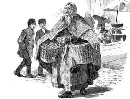 Pretzel seller, baker's woman with two baskets of fresh pretzels at the market, 1880, Germany,