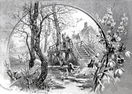 Symbolic photo for spring, with blossoms, ducks and two children standing on a wooden bridge,