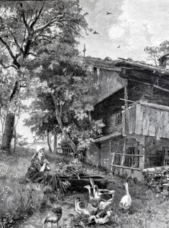 Goosekeeper, Girl sits by a small stream in front of the farmhouse and tends the geese, 1890,