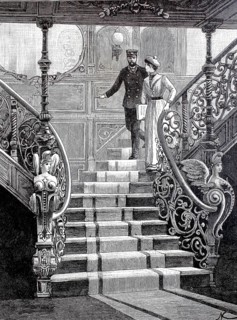 Pictures of a luxurious ocean fast steamer around 1890, stairs to the halls, ship Columbia of the