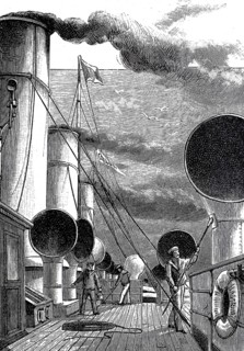 Pictures of a luxurious ocean fast steamer around 1890, ventilators and exhaust stacks on deck,