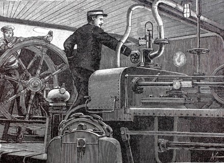 Pictures of a luxurious ocean fast steamer around 1890, steam steering apparatus, ship Columbia of