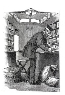 Employee in the Berlin street mail service sorting letters, postman, post office, 1890, Germany,