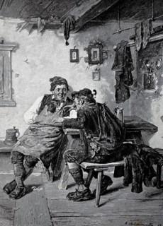 Two farmers chatting in the parlour, one talking pompously to the other, rural scene from the