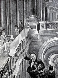 On the way to the gallery, fat man carrying a small child up the stairs and sweating, 1880,