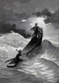 Thurnhammer takes a boat out to sea in a storm, high waves, risk, 1880, Historical, authentic,