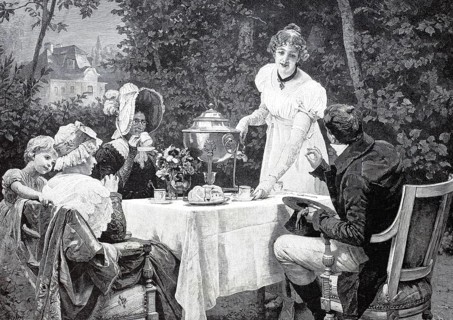 Distinguished company at a coffee table in the garden, 1890, Historical, authentic, digitally
