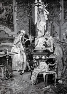 The Jealous, Hidden behind a statue, a woman watches a couple walking through an elegant room,