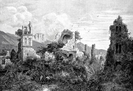 Ruins in the Giardino di Ninfa, a park and English garden in the territory of the municipality of