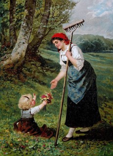 Mother's Day, little girl gives her mother a bouquet of flowers, field work with wooden rake,