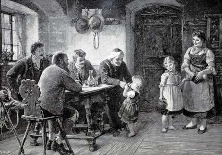 The first wine tasting, toddler gets alcohol to taste in an inn, mother and older sister look on