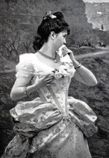 The last greeting, young woman looks sadly after her lover, who is travelling on horseback.