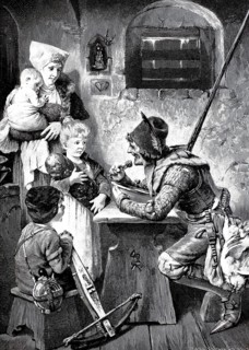 Hungry guest, quartered lansquenet eating in the farmhouse, tells the children history. One of the