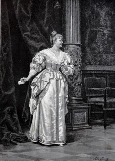 Secret correspondence, distinguished lady passes a letter secretly through a curtain to the back,
