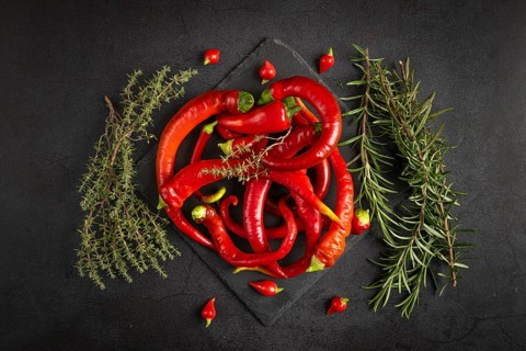 Hot red peppers and herbs, rosemary and thyme, on a dark background