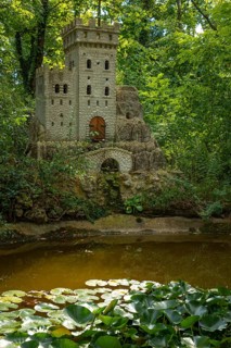 Water lily pond with bee castle in the spa gardens of Baden, Lower Austria, Austria