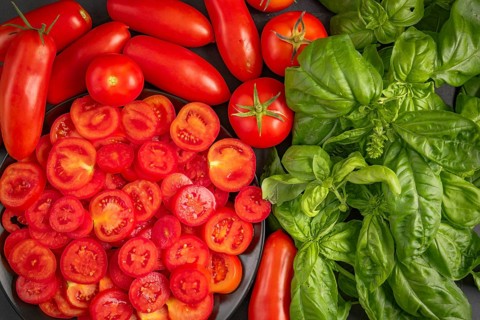Fresh sliced tomatoes and basil on a dark-coloured surface