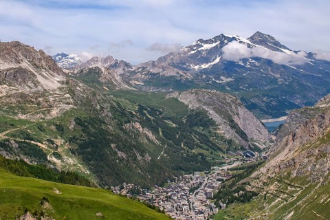 View in summer from pass road from to Col de l'Iseran l' Iseran to bottom of picture place winter
