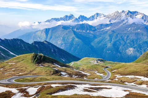 View to the south from Hochtor pass summit of Grossglockner High Alpine Road to high plateau with