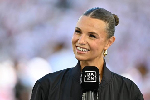 DAZN presenter Laura Wontorra, smiling in interview microphone microphone logo portrait,