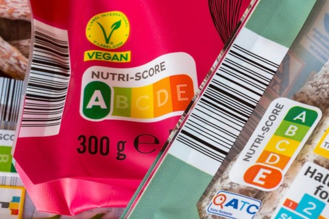 Vegan product with Nutri-Score on pink packaging, Baden-Württemberg, Germany