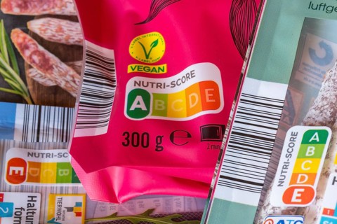Food with vegan seal and Nutri-Score, pink packaging, Baden-Württemberg, Germany