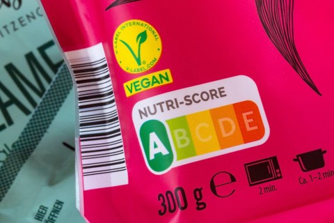 Pink food packaging label with vegan Nutri-Score, Baden-Württemberg, Germany