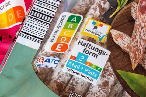 Food packaging with Nutri-Score and farming method label, Baden-Württemberg, Germany