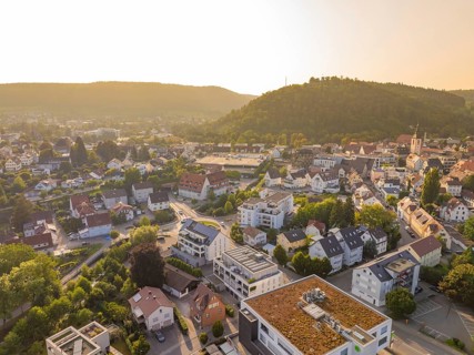 Idyllic town view at sunset with green hills and houses, small town pearl Nagold, Black Forest,