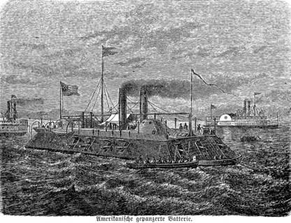 American armoured battery, various armoured ships, warships, steamships, paddle steamer, fleet, at