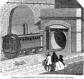 Entrance to the atmospheric railway between London and Sydenham, English engineers Clegg and