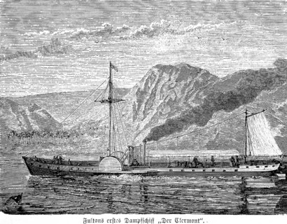 Fulton's first steamboat The Clermont on the Hudson River between New York and Albany, paddle