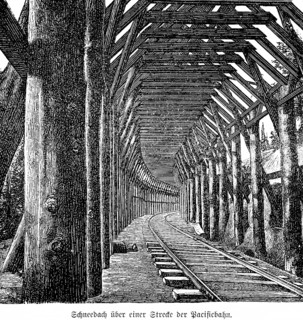 Snow roof over a section of the Pacific Railway, North America, technology, wooden construction,