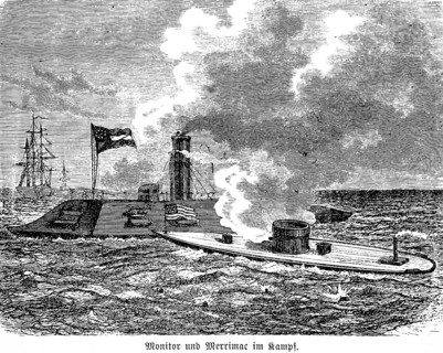 Tower ship screen and the Merrimac in battle, naval battle, US flag, armoured warships, swell,