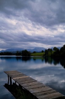 Bathing jetty, jetty, wooden jetty, jetty, leads into a lake, bathing lake, Schwaltenweiher near