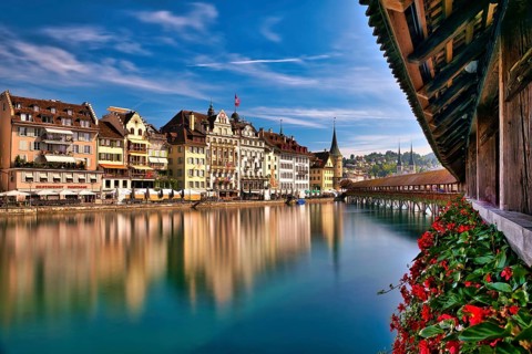 View of Lucerne's old town from the Chapel Bridge, Canton of Lucerne, Switzerland
