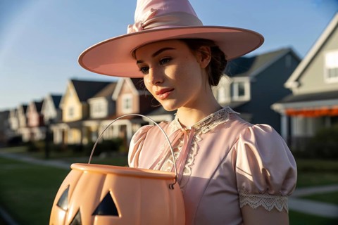Young woman in pink Halloween witch costume holding jack-o'-lantern basket in sunny city street.