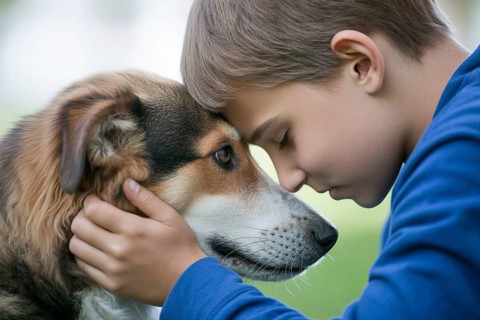 Side view of boy pressing forehead close to his pet dog's head. Moment of affection and sadness.