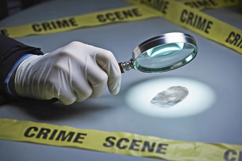 Forensic officer wearing glove examining fingerprint with magnifying glass. Symbolizes crime