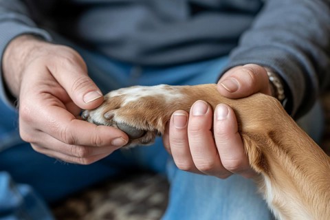 Person gently holding dog paw in close up. Shows the trust and loving bond between human and pet.