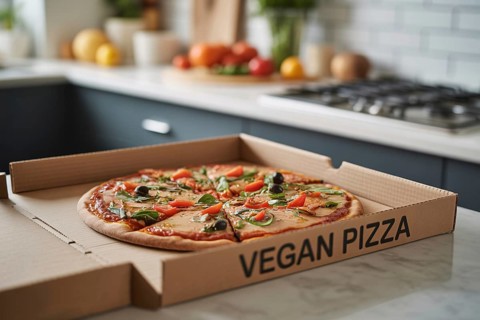 Vegetable pizza in box labeled vegan pizza on kitchen counter. Healthy plant-based fast food option