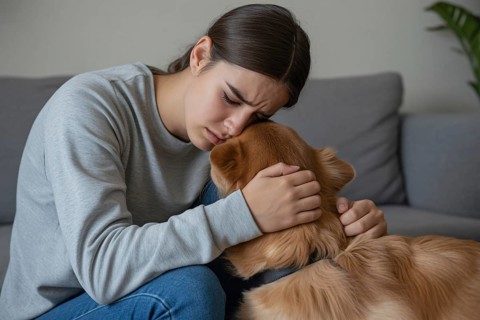 Worried young woman hugging her dog. Shows emotional support and the strong bond between woman and