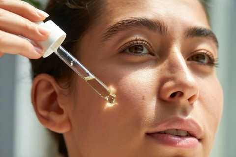 Close up of woman applying face serum with glass dropper. . Generative ia, AI generated