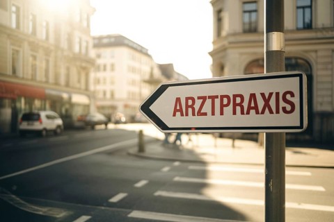 Direction sign with red Arztpraxis text in bright sunlight. Points to medical clinic with